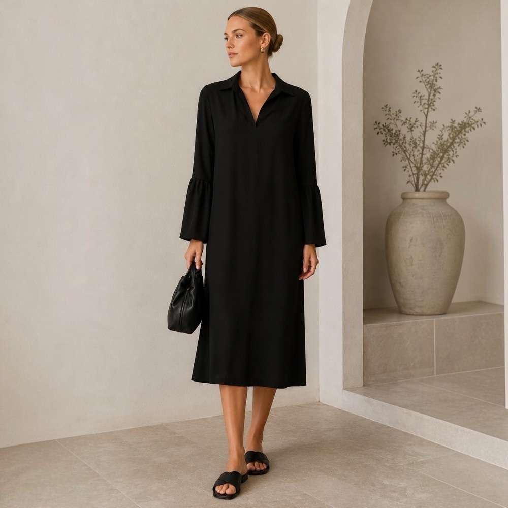 Victoria Dunn Black Viscose Shift Dress Bell Sleeve Size M NWT‎
